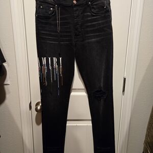 Amiri Black Distressed Jeans with Colorful Paint Drip